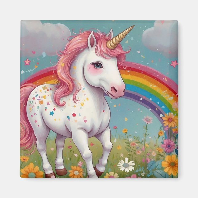 Whimissiskt Unicorn i Rainbow Blommigt Meadow Magnet (Framsidan)
