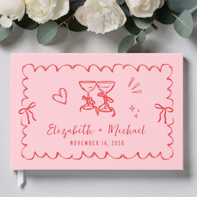 Whimissiskt Vågigt Ram Hand plockade Red Bröllop v Gästböcker (Whimsical Wavy Frame Hand Drawn Pink Red Wedding Guest Book)