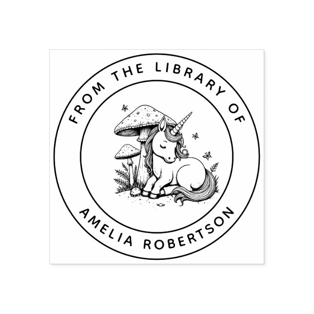 Whimissivt krypande Unicorn Mushroom Bibliotek Bok Stämpel (Tryck)