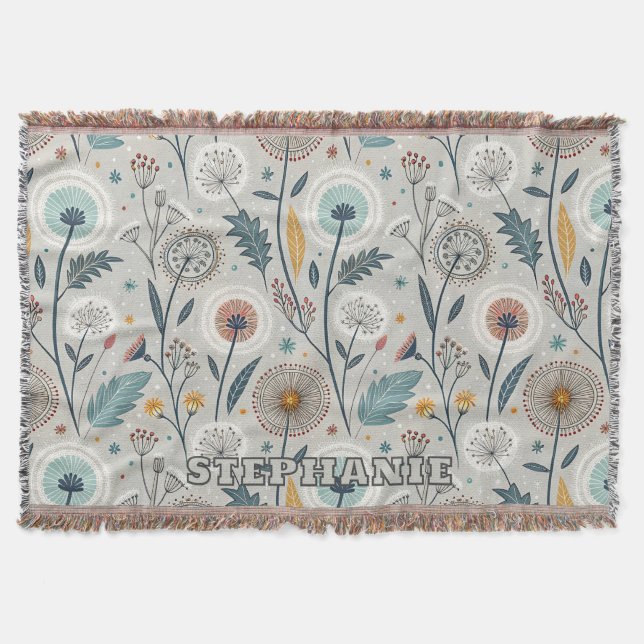 Whimistisk dandelion & Blommigt Folk Art Seamless Filt (Framsidan)
