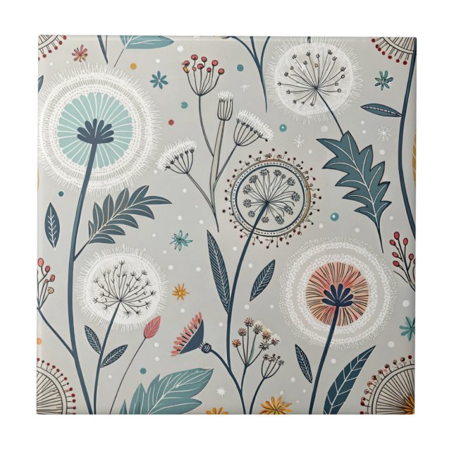 Whimistisk dandelion & Blommigt Folk Art Seamless Kakelplatta (Framsidan)