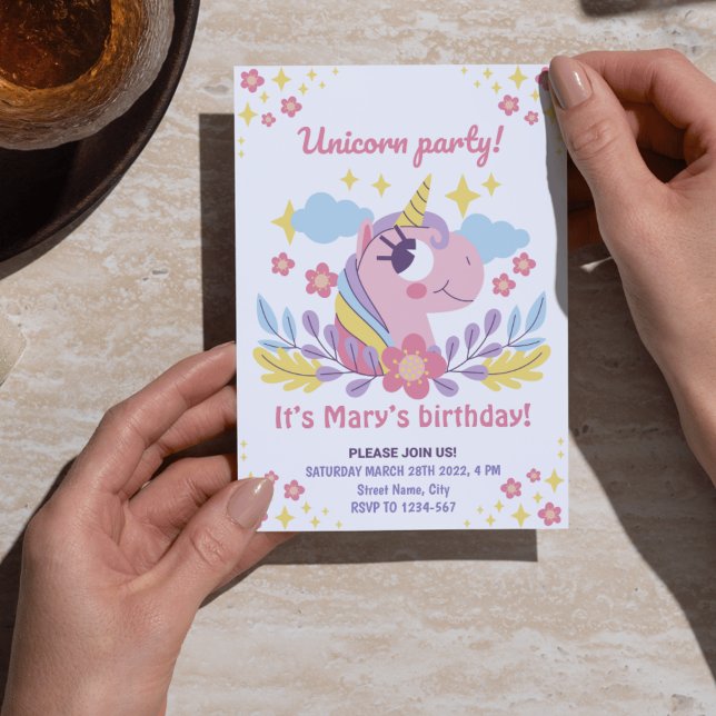 Whimistisk encornfödelse Inbjudan med foto (Whimsical Unicorn Birthday Invite – Personalized Photo Card)