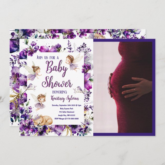 Whimistisk Lila Fairy Baby Shower Inbjudningar (Fram/baksida)