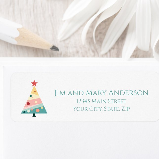 Whimistisk minimalistisk Julgran Helgdag Returadress Etikett (Pastel color polka dot Christmas tree return address label)