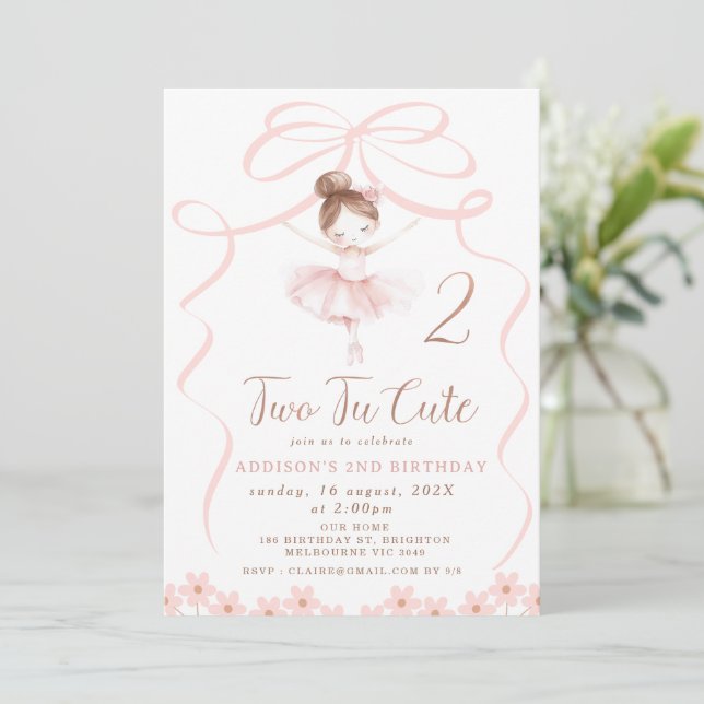 Whimistisk Rosa Ballerina Two Tu Cute Birthday Inbjudningar (Stående Fram)