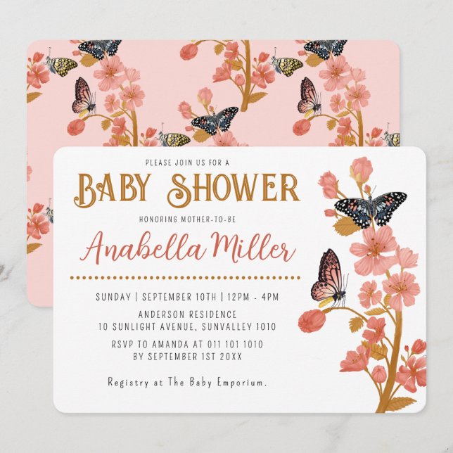 Whimistisk Rosa Boho Butterfly Girl Baby Shower Inbjudningar (Fram/baksida)
