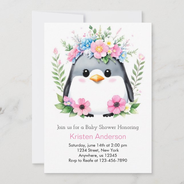 Whimistisk Rosa Penguin Baby Shower Inbjudningar (Framsida)