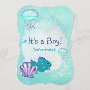 Whimsey Aquarium 2 ITS A POJKE GIRL SHOWER Inbjudningar