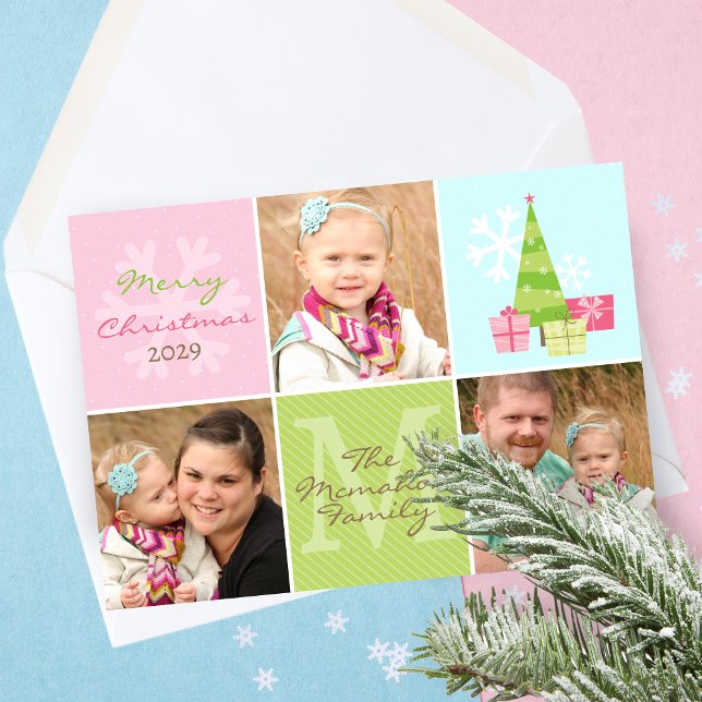 Whimsic 3 Photo Rosa & Pastels Julkort (Bright Fun 3 Picture Pastel Holiday Greeting Card. Available printed with envelopes or digital)