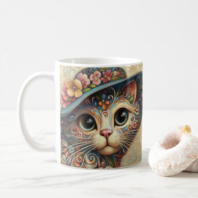 Whimsic Blommigt Abstrakt Kattunge med Hat Kaffemugg (Med munk)