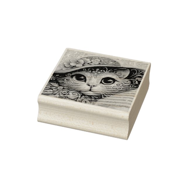 Whimsic Blommigt Abstrakt Kattunge med Hat Stämpel (Stämpel)