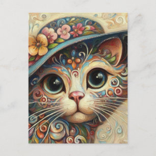 Whimsic Blommigt Abstrakt Kattunge med Hat Vykort