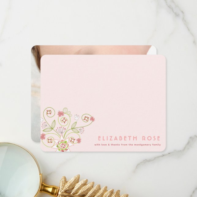 Whimsic Rosa Blommigt Blooms Chic Nyfödd bebis Gir Tack Kort (Fram/Back In Situ)