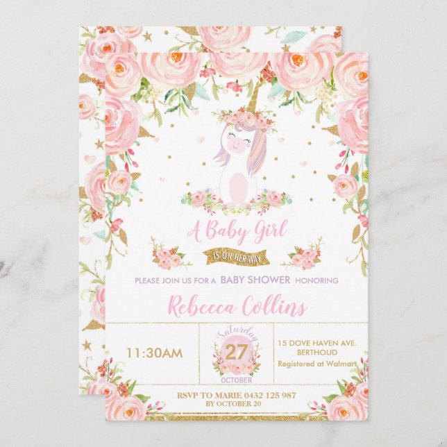Whimsic Rosa Blommigt Unicorn Baby Shower Girl Inbjudningar (Fram/baksida)