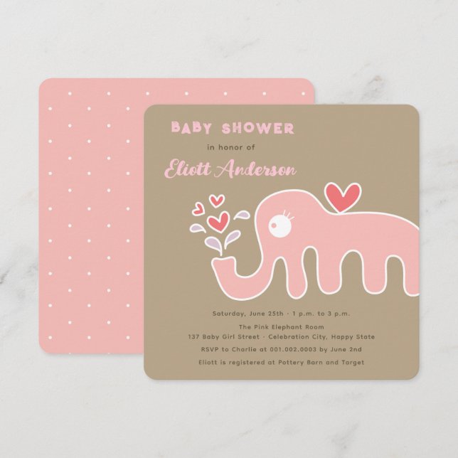 Whimsic Rosa Tecknad Elephant Girl Baby Shower Inbjudningar (Fram/baksida)