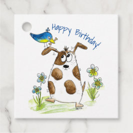 Whimsic Spoted Hund med Bird Gåvor Etiketter