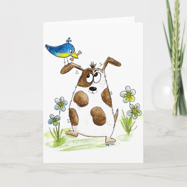 Whimsic Spoted Hund med Bird Kort (Framsida)