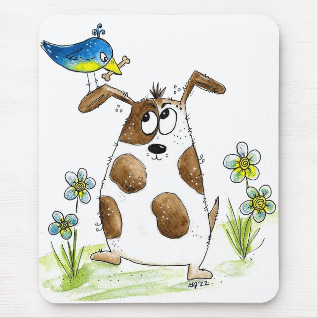 Whimsic Spoted Hund med Bird Musmatta (Framsidan)