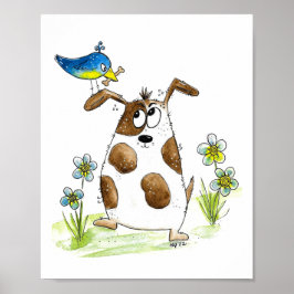 Whimsic Spoted Hund med Bird Poster