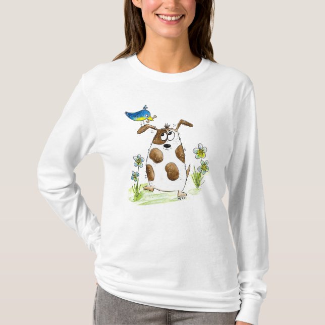 Whimsic Spoted Hund med Bird T Shirt (Framsida)