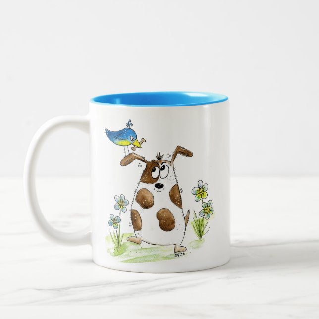 Whimsic Spoted Hund med Bird Två-Tonad Mugg (Vänster)