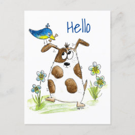 Whimsic Spoted Hund med Bird Vykort