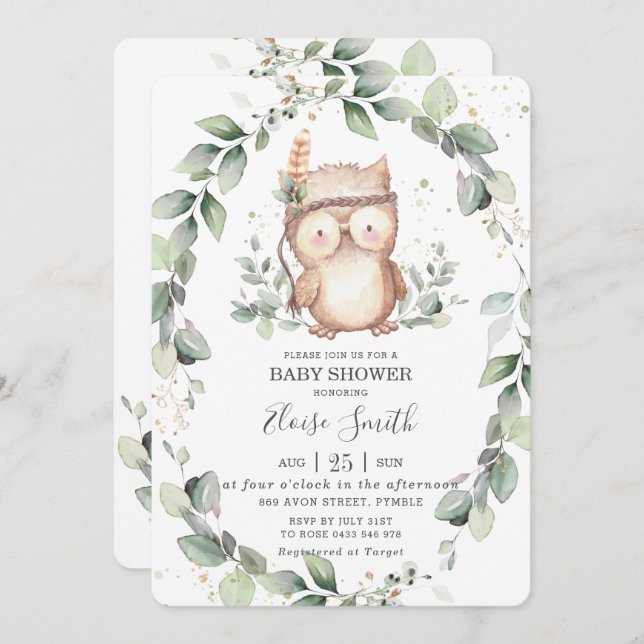Whimsic Uggla Rustic Greenery Neutralt Baby Shower Inbjudningar (Fram/baksida)