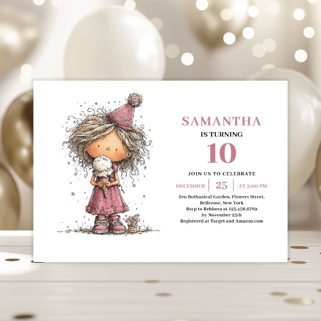 Whimsical 10-årsfirande inbjudan för flicka Rosa (Whimsical Toddler Girl 10th Birthday Invite Pink)