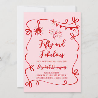 Whimsical 50 and Fabulous Doodle and Bow Birthday Inbjudningar
