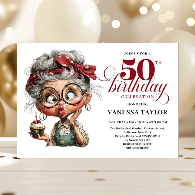 Whimsical 50-års födelsedagsinbjudan quirky rolig  inbjudningar (Whimsical 50th birthday invite quirky fun woman)