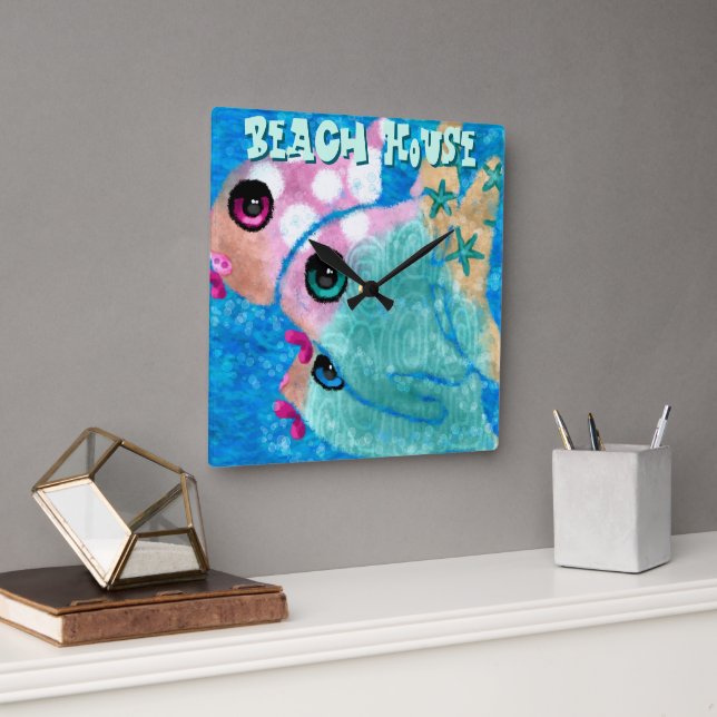 Whimsical Abstract Fish Trio Blue Personalized Fyrkantig Klocka (Kontor)