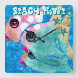 Whimsical Abstract Fish Trio Blue Personalized Fyrkantig Klocka