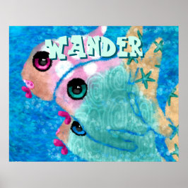Whimsical Abstract Fish Trio Blue Personalized Poster