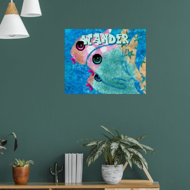 Whimsical Abstract Fish Trio Blue Personalized Poster (Vardagsrum 1)