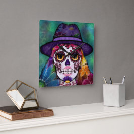 Whimsical Abstract Floral Hippie Sugar Skull Fyrkantig Klocka