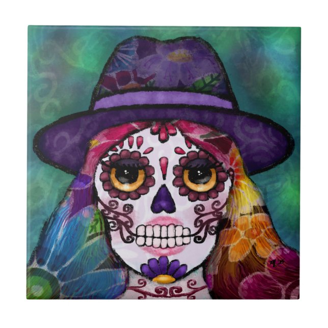 Whimsical Abstract Floral Hippie Sugar Skull Kakelplatta (Framsidan)