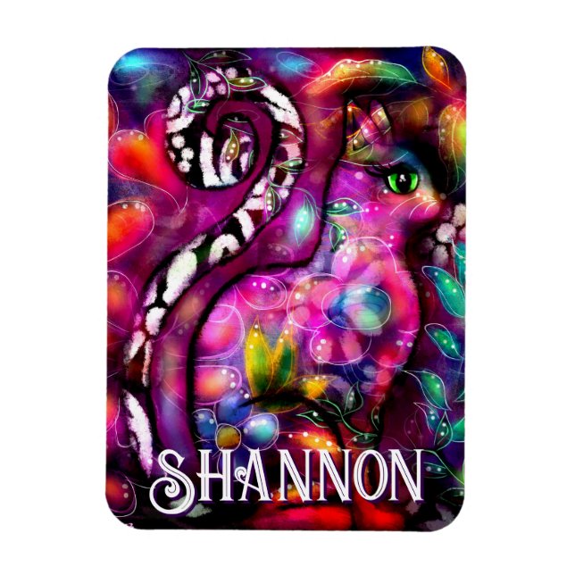 Whimsical Abstract Kitty Cat Floral Personalized Magnet (Vertikal)