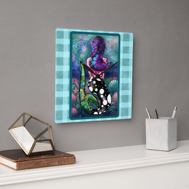Whimsical Abstract Mermaid Nautical Teal Seashells Fyrkantig Klocka (Kontor)