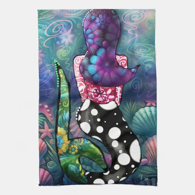 Whimsical Abstract Mermaid Nautical Teal Seashells Kökshandduk (Vertikal)
