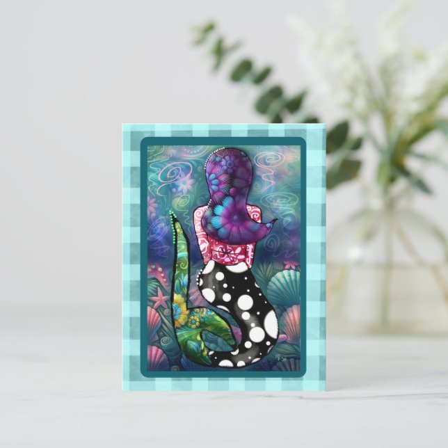 Whimsical Abstract Mermaid Nautical Teal Seashells Vykort (Stående Fram)