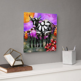 Whimsical Abstract Momma & Baby Cow Funky Farm Fyrkantig Klocka