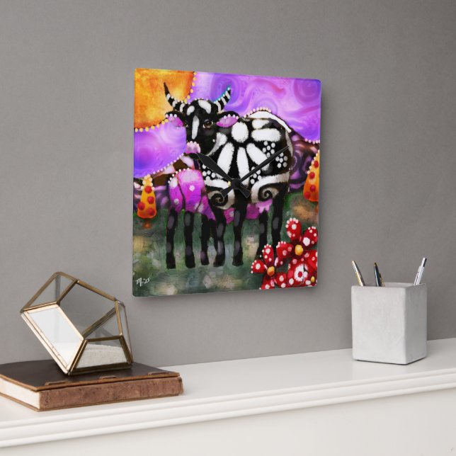 Whimsical Abstract Momma & Baby Cow Funky Farm Fyrkantig Klocka (Kontor)