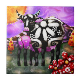 Whimsical Abstract Momma & Baby Cow Funky Farm Kakelplatta