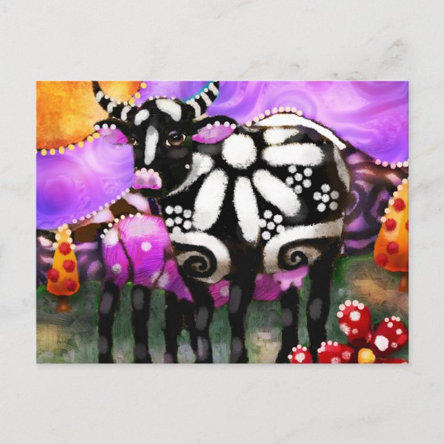 Whimsical Abstract Momma & Baby Cow Funky Farm Vykort (Framsida)