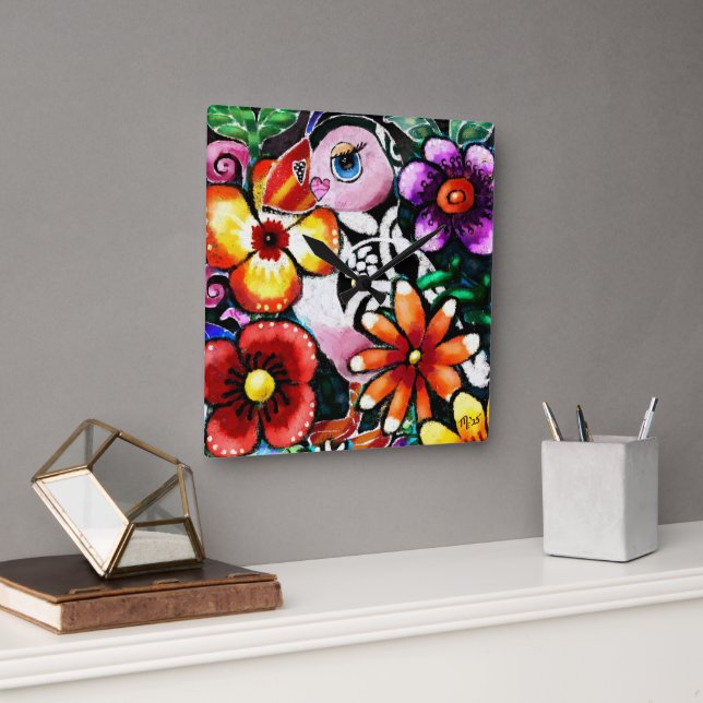 Whimsical Abstract Puffin Bird In Flowers Fyrkantig Klocka (Kontor)