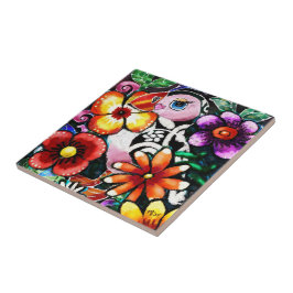 Whimsical Abstract Puffin Bird In Flowers Kakelplatta