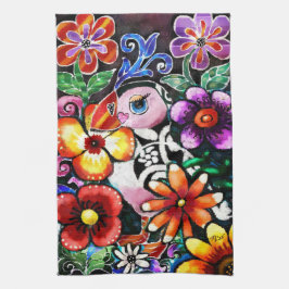 Whimsical Abstract Puffin Bird In Flowers Kökshandduk