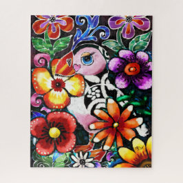 Whimsical Abstract Puffin Bird In Flowers Pussel
