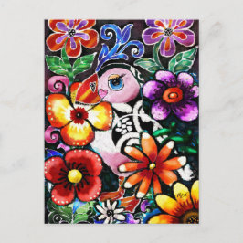 Whimsical Abstract Puffin Bird in Flowers Vykort