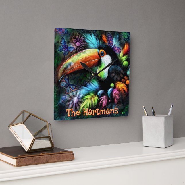 Whimsical Abstract Toucan Bird Personalized Fyrkantig Klocka (Kontor)
